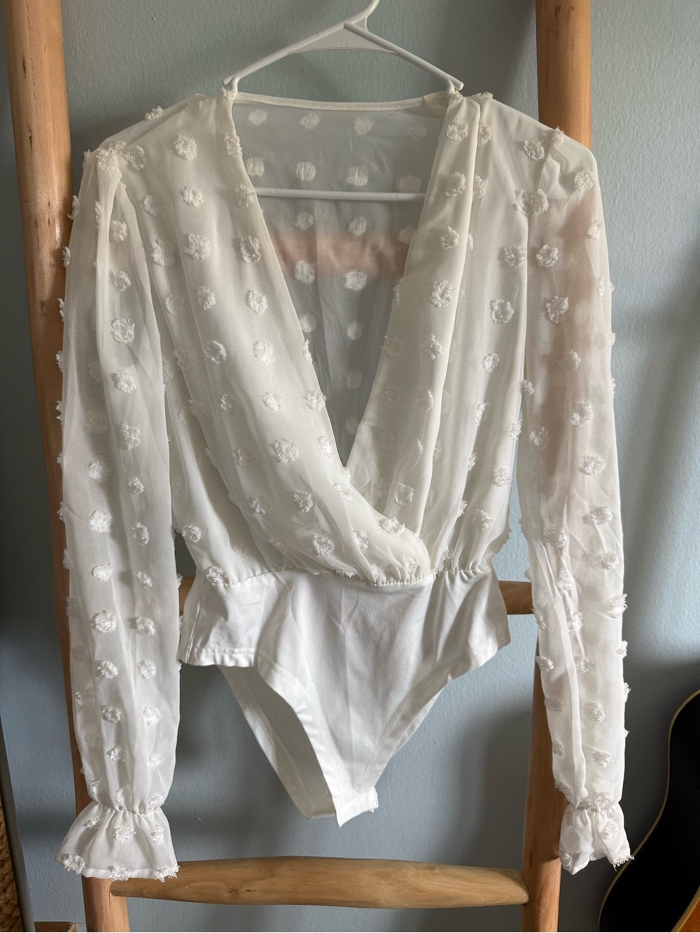SHEIN White Textured Dot Sheer Surplice Bodysuit